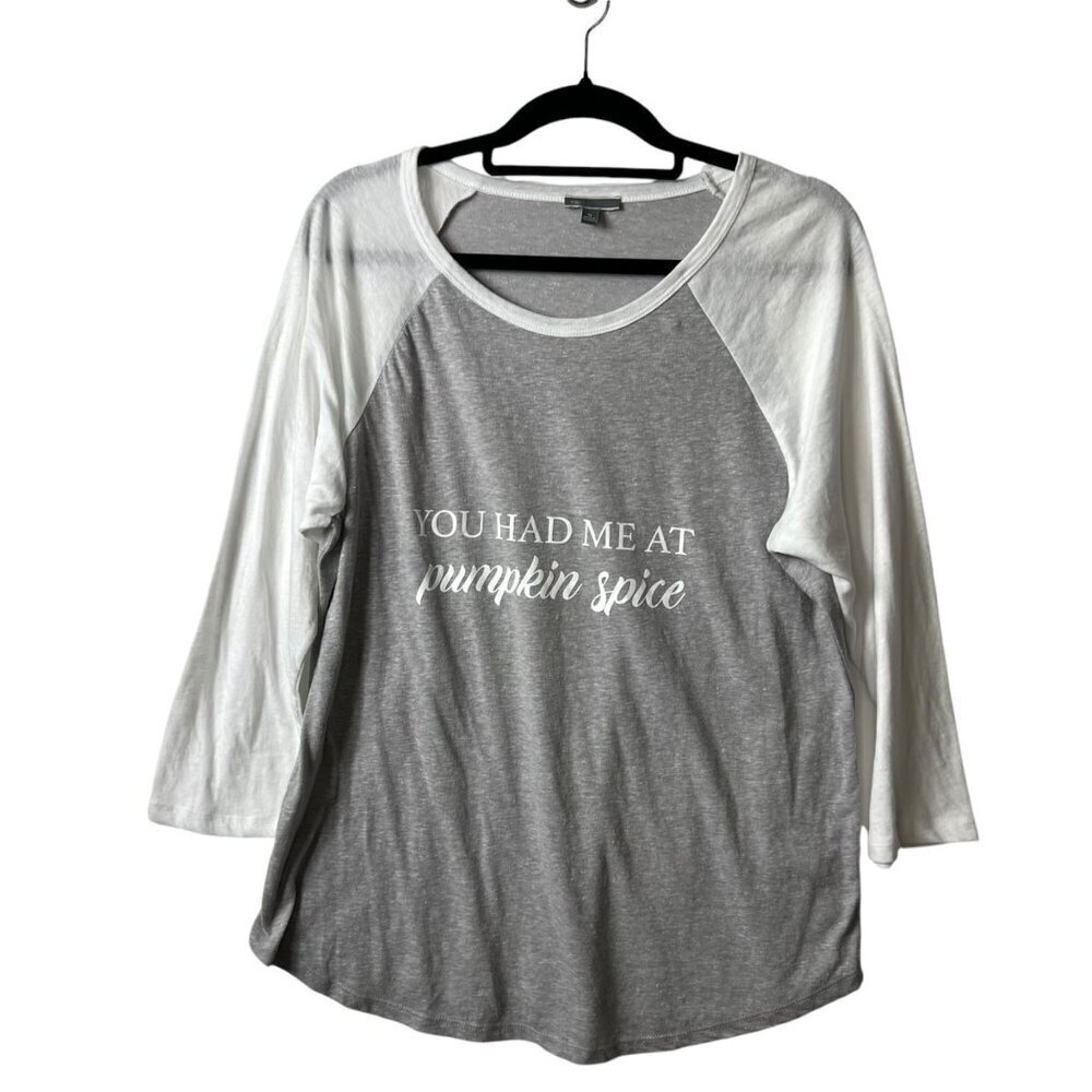 TBH‎ Womens Pumpkin Spice Raglan Baseball Tee Gray White 3/4 Sleeve XL Fall